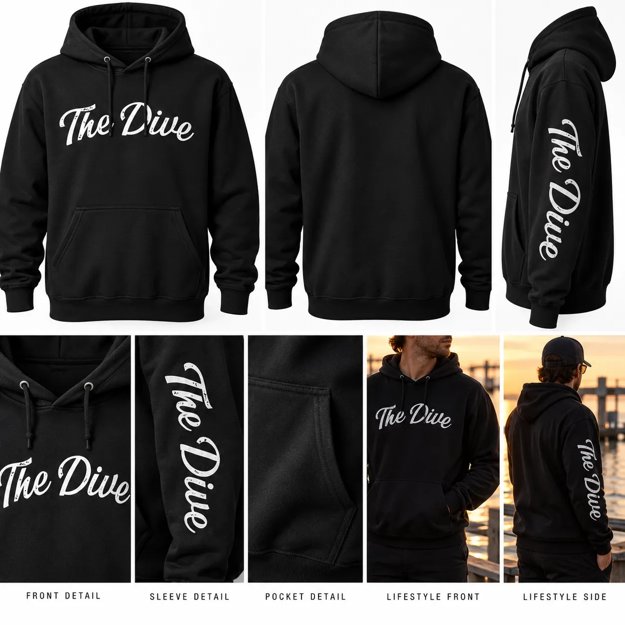 The Dive black hoodie — front, sleeve, and lifestyle shots